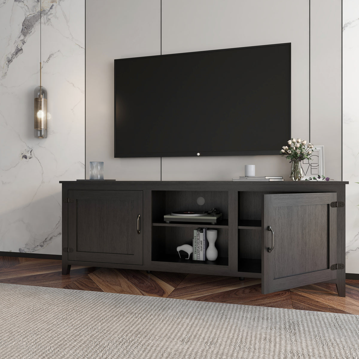 TV Stand Storage Media Console Entertainment Center,Tradition Black,with doors W88152785-djyc