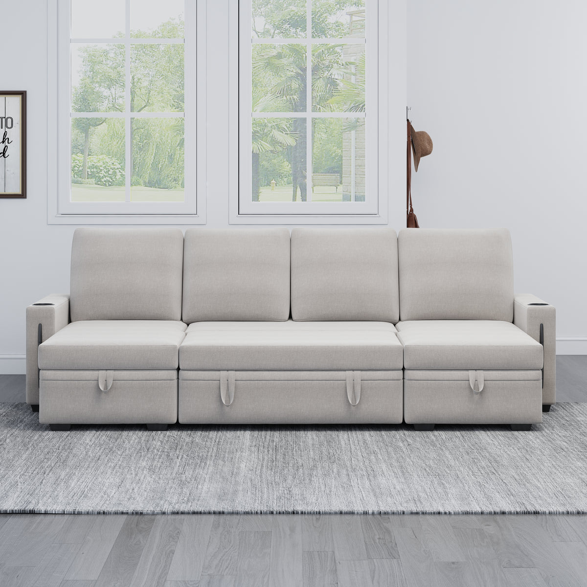 Sectional Sofa with Storage, 96" U Shaped Sectional Couches for Living Room, Comfy Convertible Sectional Sofa- Beige W1669S00007-djyc