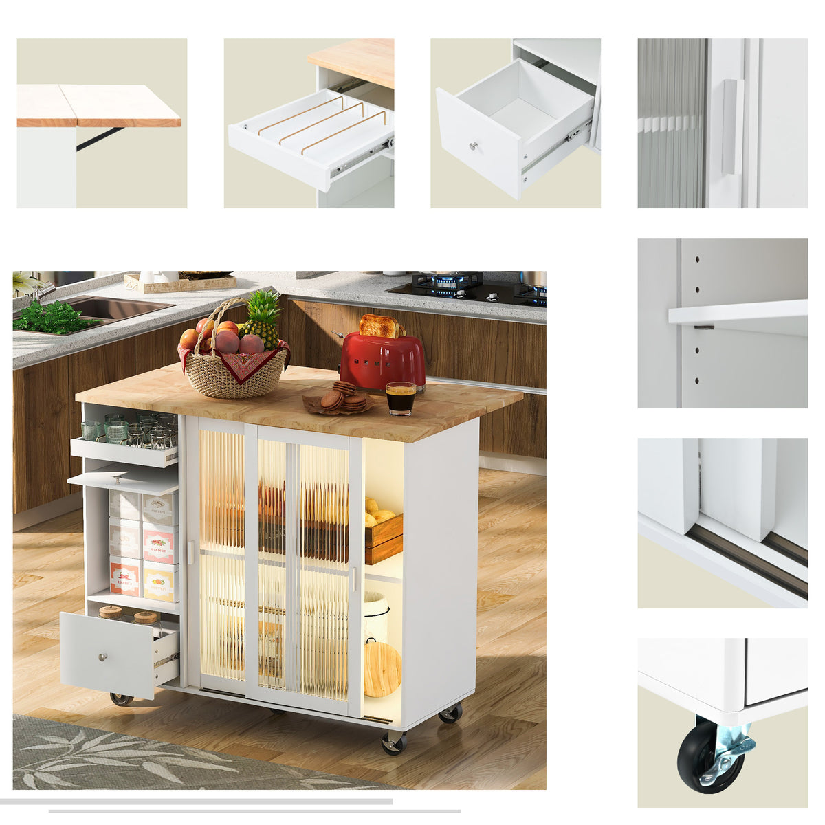 Kitchen Island with Drop Leaf, LED Light Kitchen Cart on Wheels with 2 Fluted Glass Doors and 1 Flip Cabinet Door, Large Kitchen Island Cart with an Adjustable Shelf and 2 Drawers (White) WF311171AAW-djyc