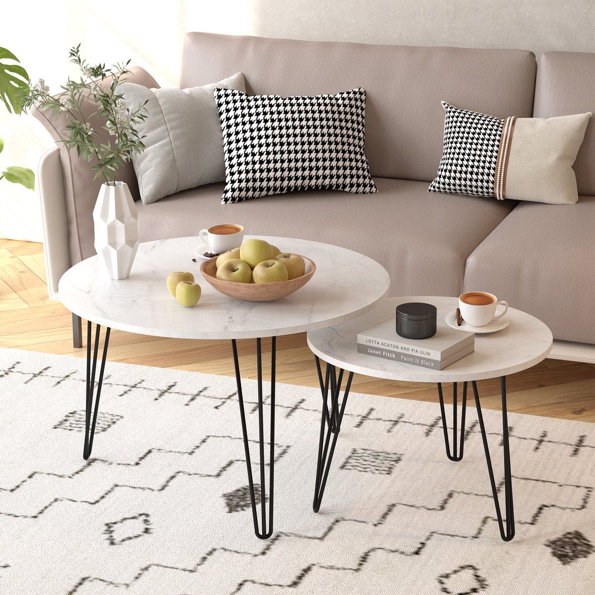 27.56'' Round Nesting Coffee Table Set of 2,Circular Nesting End Table Set, Round Marble Tabletop, and Sturdy Metal Base for Living Room, bedroom, White W808P176737-djyc