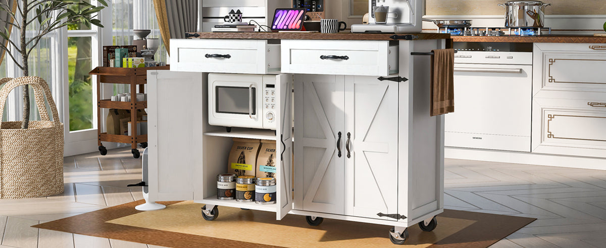 K&K 53.5''Farmhouse Kitchen Island with Power Outlet, Kitchen Storage Island with Drop Leaf, Spice Rack and Drawer, Rolling Kitchen Cart on Wheels, for Home, Kitchen and Dining Room, White N707P170348W-djyc