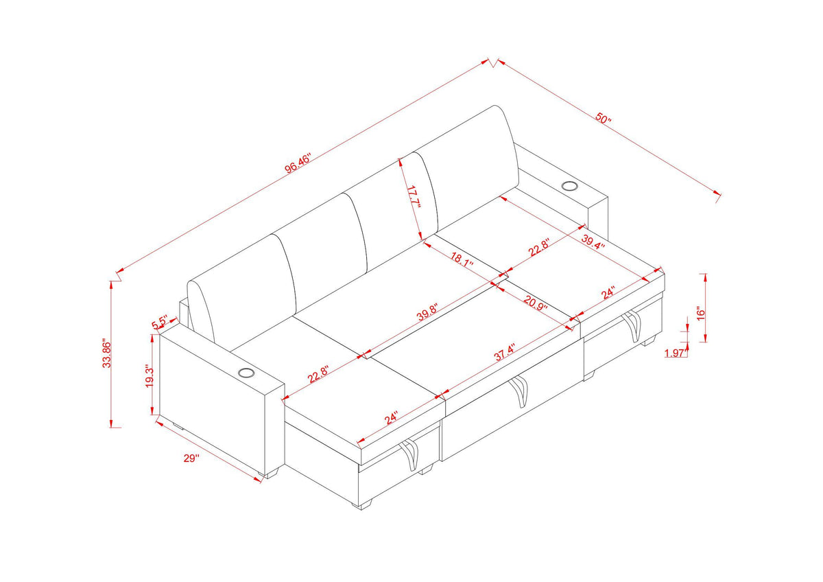 Sectional Sofa with Storage, 96" U Shaped Sectional Couches for Living Room, Comfy Convertible Sectional Sofa- Dark Grey W1669S00008-djyc