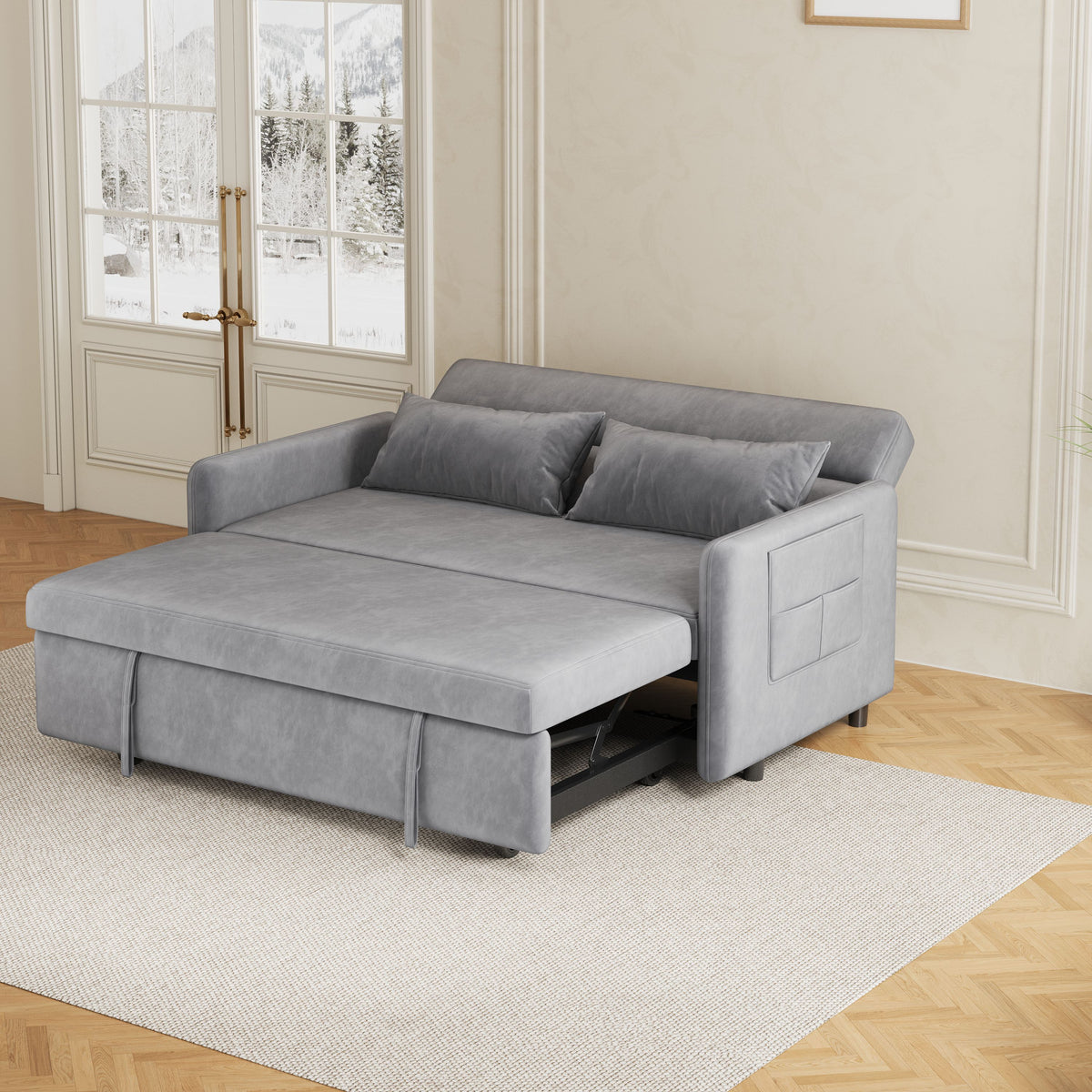 Sofa Pull Out Bed Included Two Pillows 54" Grey Velvet Sofa for Small Spaces W1278125091-djyc