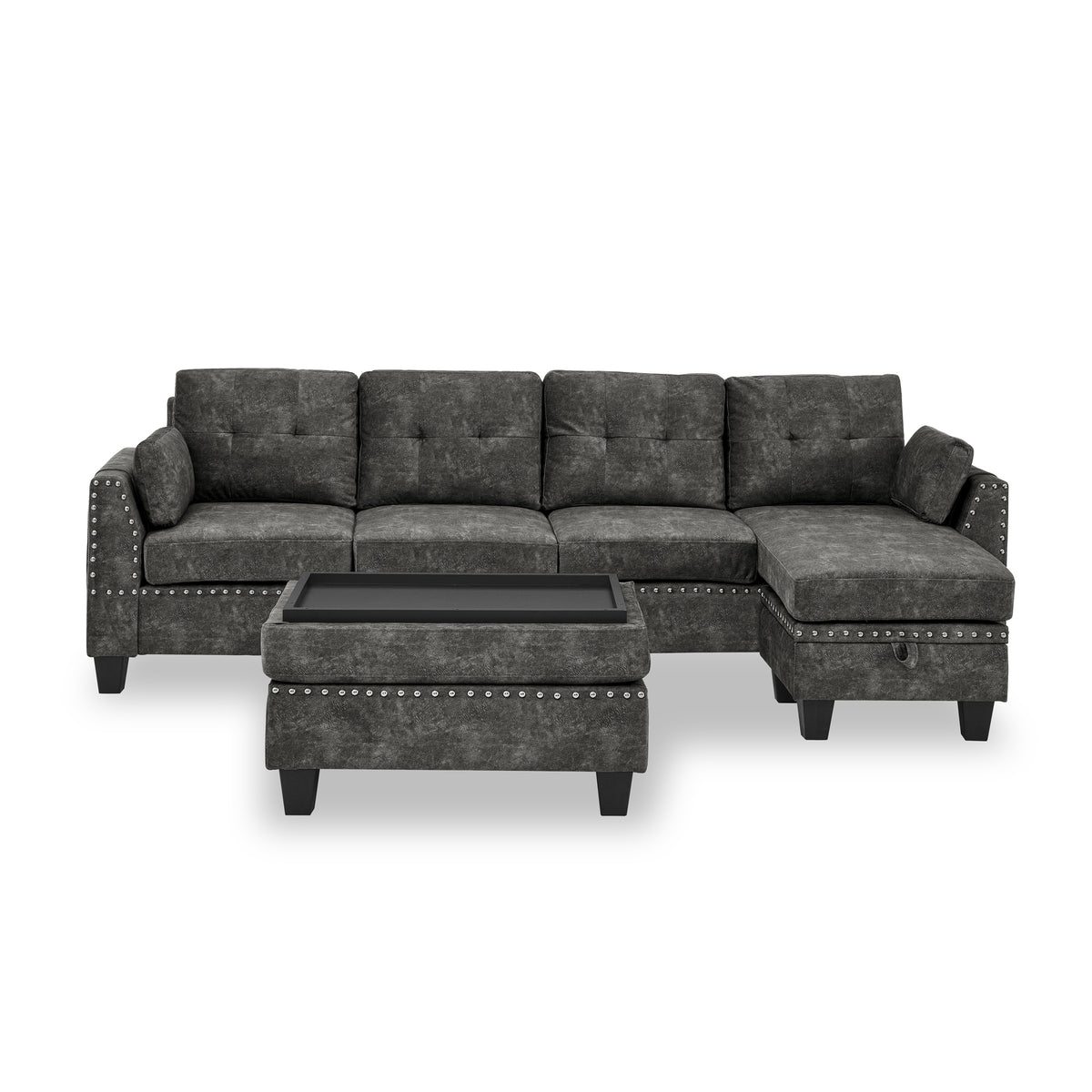 Sectional 3-Seaters Sofa ,Double-sided multi-functional footstool, storage mat , Non-slip leg, two pillows, Velvet, Dark grey W487S00236-djyc