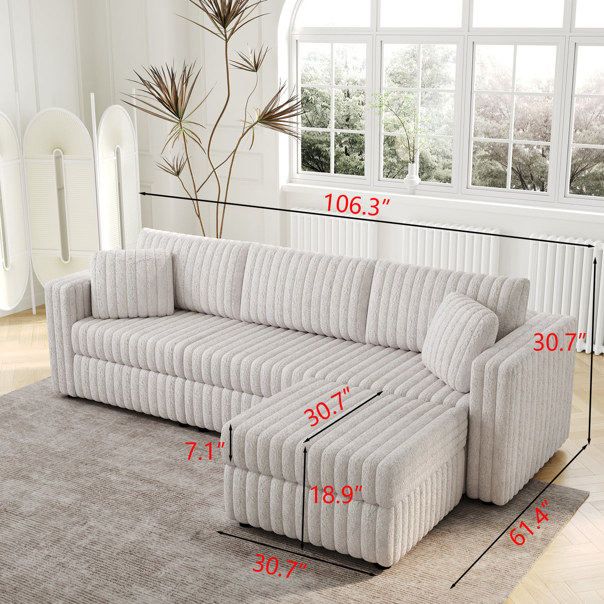 106.3" Soft Rabbit Plush 3-Person Sofa. Matches 30.7" Ottoman with Hydraulic Lift. Comfortable & Stylish. For Bedroom & Living Room. Light Gray. Modern Furniture. Modular Design. W1767S00010-djyc