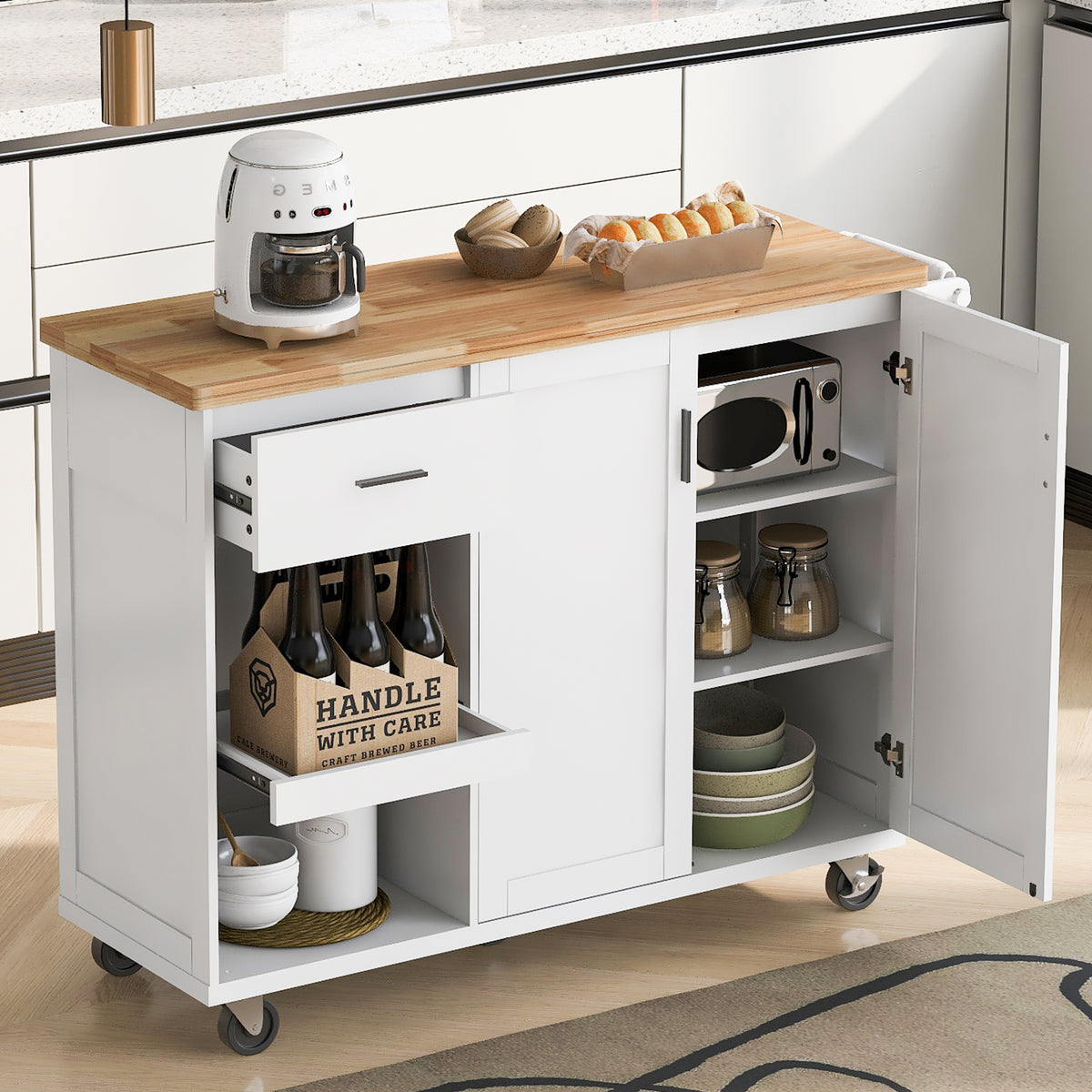 K&K Kitchen Island with Foldable Counter Top, Kitchen Storage Cart with Slide-Out Shelf, Towel Rack and Drawer, Rolling Kitchen Cart on Wheels, for Kitchen, Living Room, Dining Room, White N707P173036W-djyc