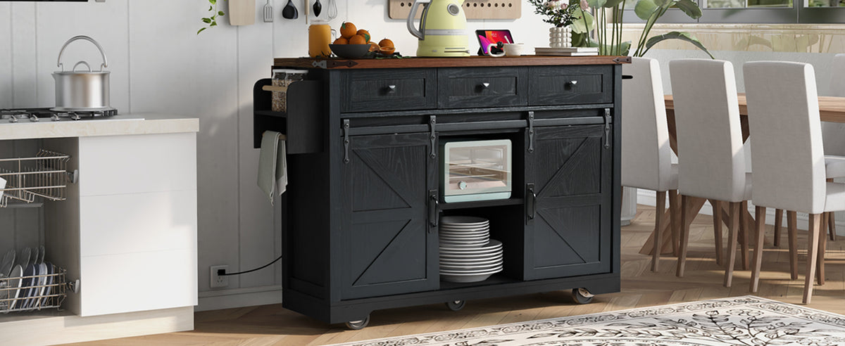 K&K 53.7" Farmhouse Kitchen Island with Power Outlet, 2 Sliding Barn Door Kitchen Storage Island with Drop Leaf, Spice Rack Rolling Kitchen Cart on Wheels, for Home, Kitchen and Dining Room, Black N707P170347B-djyc