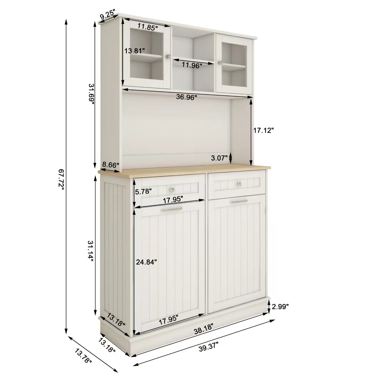 67.7" Tall Kitchen Trash Can Storage Cabinet with 3 Adjustable Shelves, 2 Drawers and 1 Tilt Out Trash Cabinet for Kitchen, Dinning Room, Living Room-White W282P182326-djyc