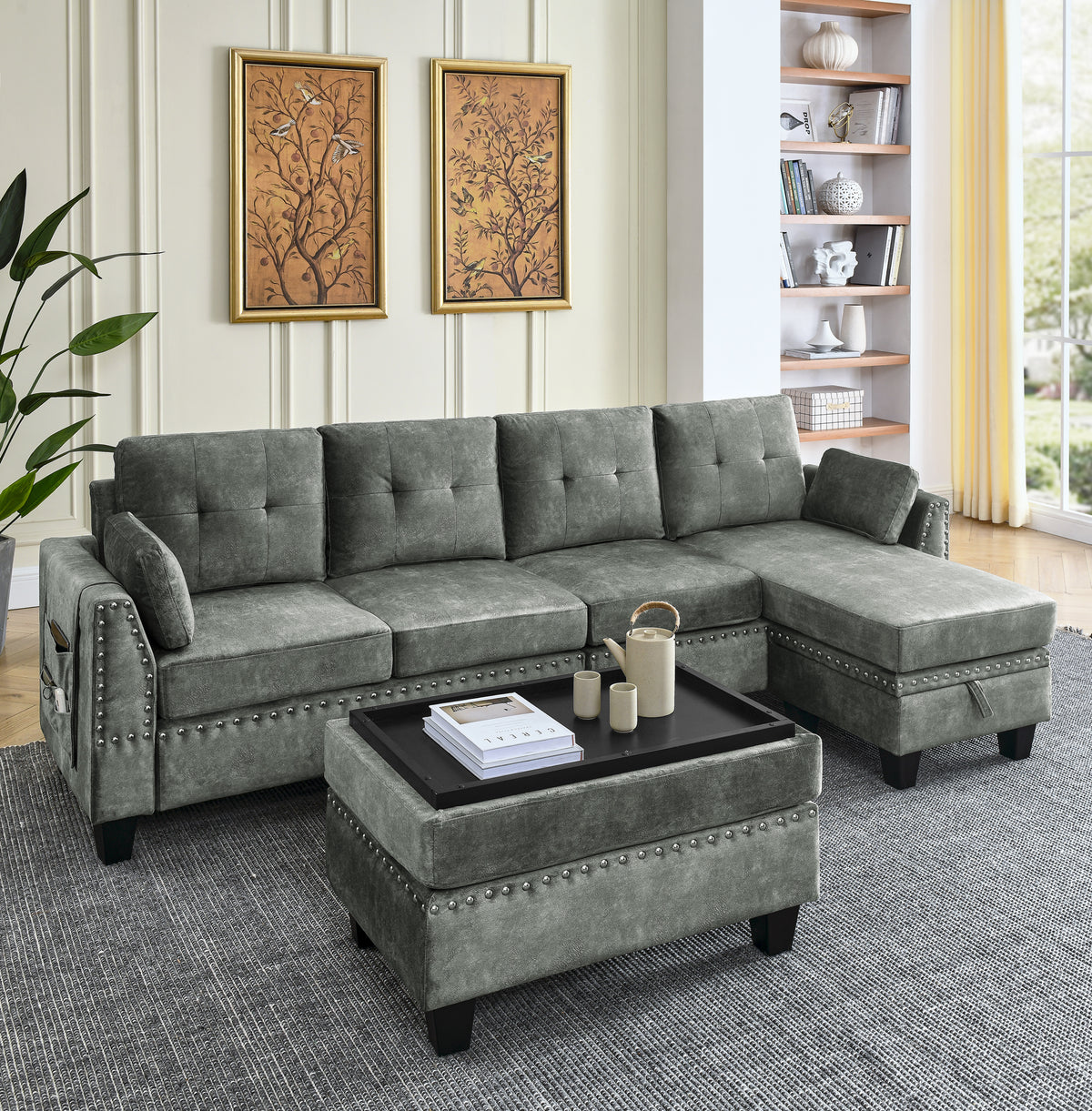 Sectional 3-Seaters Sofa ,Double-sided multi-functional footstool, storage mat , Non-slip leg, two pillows, Velvet, Light grey W487S00237-djyc