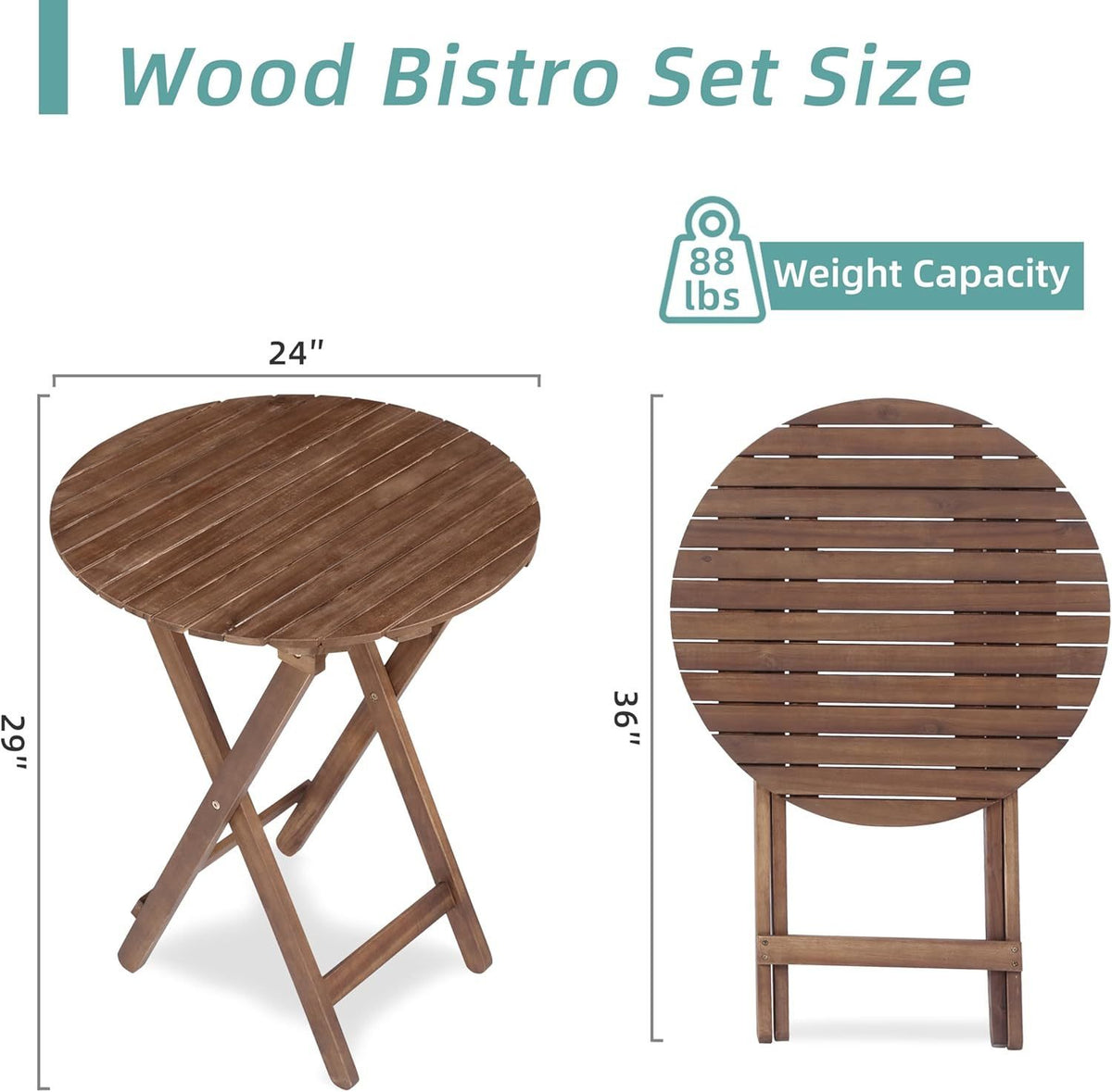 3-Piece Acacia Wood Bistro Set, Wooden Folding Patio Furniture for Garden Backyard Balcony Porch w/ 1 Coffee Table and 2 Foldable Chairs, Natural Stained W2640P209682-djyc