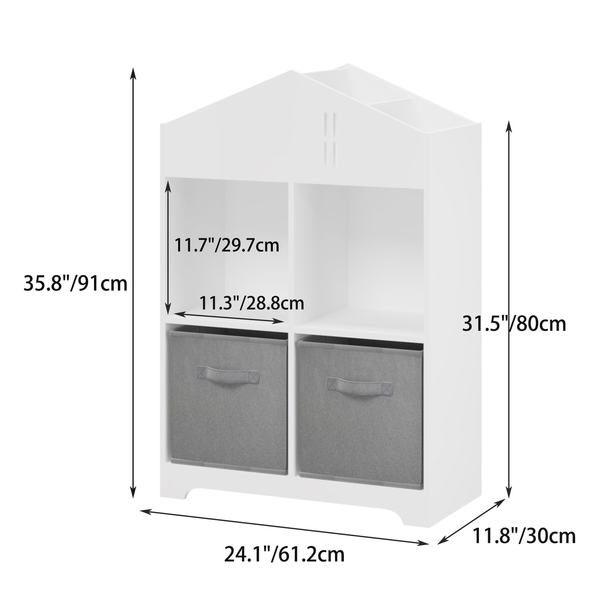 Kids Dollhouse Bookcase with Storage, 2-Tier Storage Display Organizer, Toddler Bookshelf with 2 Collapsible Fabric Drawers for Bedroom or Playroom (White/Gray) W808122614-djyc