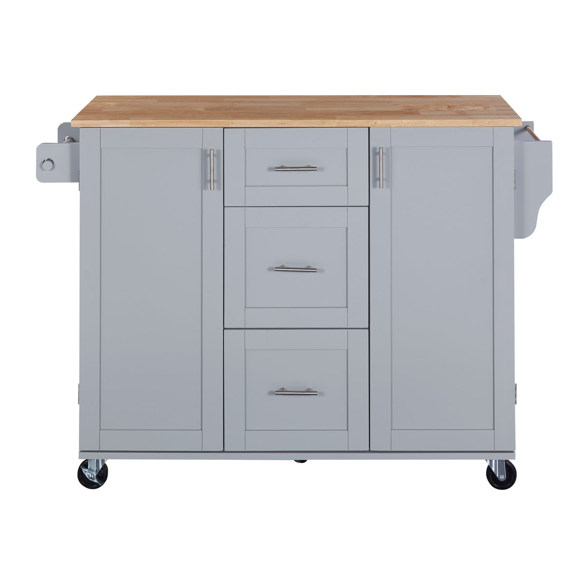 K&K Rolling Kitchen Island with Storage, Kitchen Cart with Rubber Wood Top, 3 Drawer, 2 Slide-Out Shelf and Internal Storage Rack, Kitchen Island on Wheels with Spice Rack & Tower Rack, Grey Blue WF316599AAG-djyc