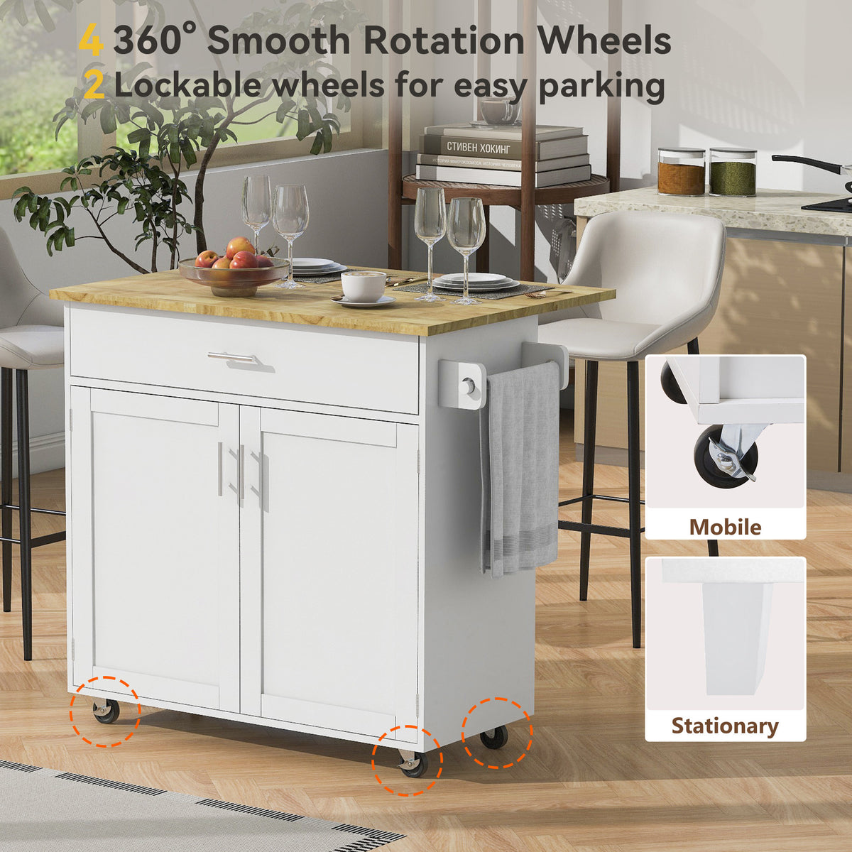 K&K Rolling Kitchen Island with Storage, Kitchen Cart with Rubber Wood Top, Spacious Drawer with Divider and Internal Storage Rack, Kitchen Island on Wheels with Adjustable Shelf Tower Rack, White WF316601AAW-djyc