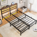 Queen SizeMetal Bed Frame with Wooden Headboard, RGB Lights,Charger, Storage Shelf, Noise-Free, No Box Spring Needed,Rustic Brown W840P209904-djyc