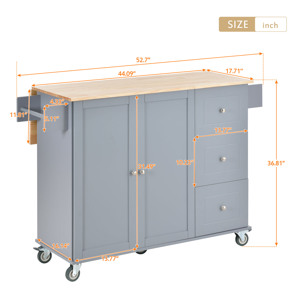 Rolling Mobile Kitchen Island with Solid Wood Top and Locking Wheels,52.7 Inch Width,Storage Cabinet and Drop Leaf Breakfast Bar,Spice Rack, Towel Rack & Drawer (Grey Blue) WF287035AAG-djyc