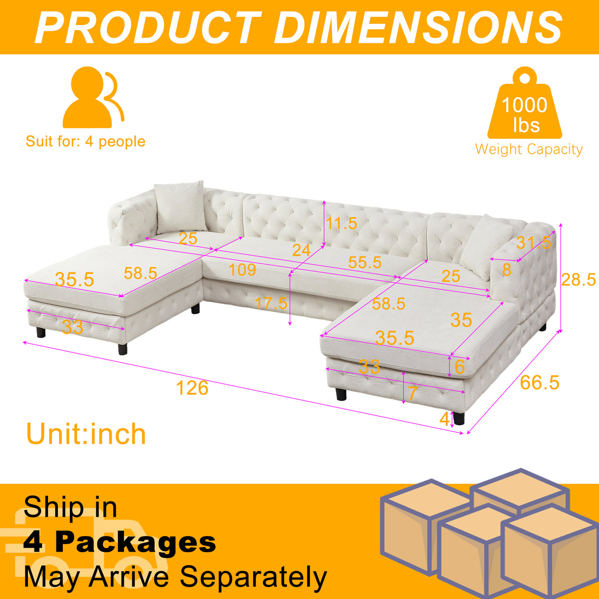 126-inch Modern Style Chenille Three Piece Sofa, Pull Point Design U-shaped Sofa two Chaise Longue Seats, two Pillows and Plastic Feet, Suitable for Living room, Bedroom, Lounge and Projection Room W834S00328-djyc