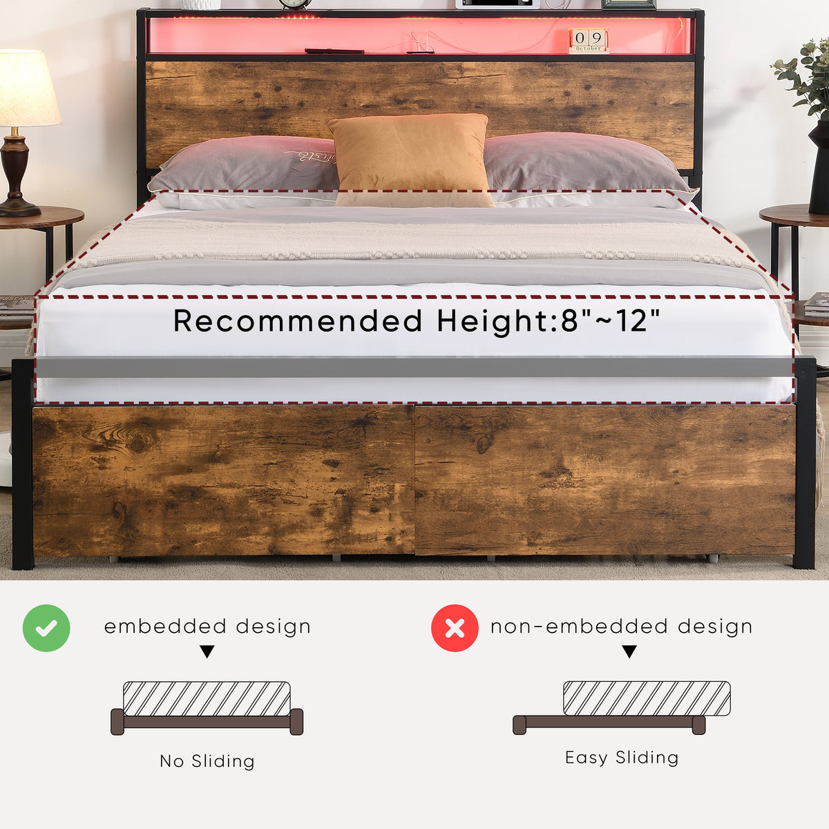 Full Size Bed Frame with Storage Headboard and 2 Drawers, LED Lights Bed with Charging Station, Metal Platform Bed No Noise, Mattress Foundation Strong Metal Slats Support No Box Spring Needed W1916126252-djyc