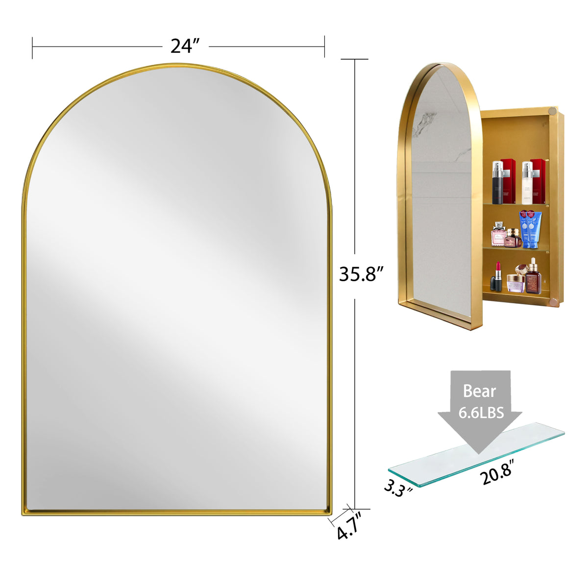 24x36 Inch Arched Recessed Medicine Cabinet, Metal Framed Bathroom Wall Cabinet with Mirror and Adjustable Shelves, Wall Mirror with Storage for Bathroom, Matte Gold W1435P182923-djyc