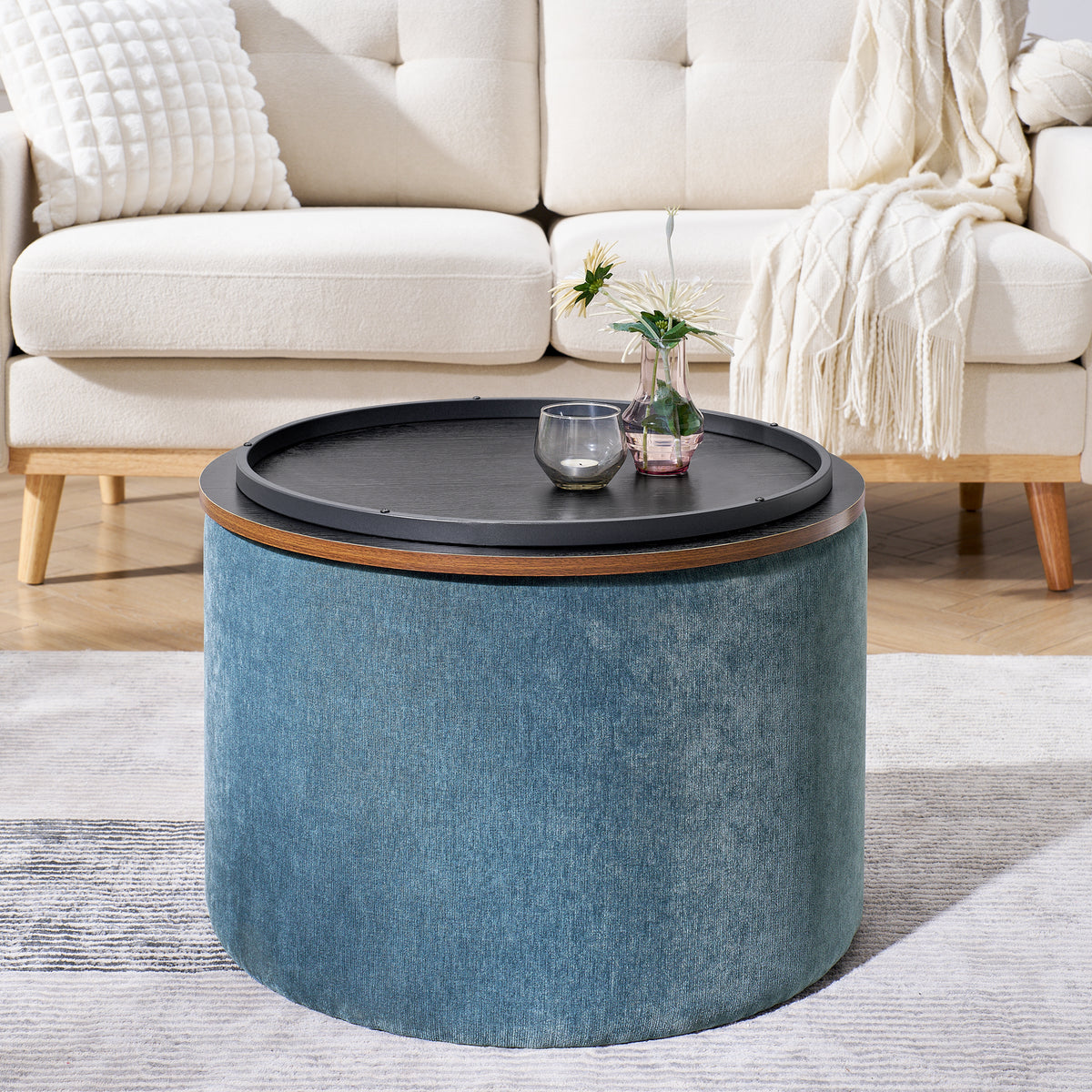 2-Piece Set Round Chenille Storage Ottoman, Equipped with a Drum Shaped Small Stool, Storage Space, and MDF Made Desktop Panel (Dark Blue23.62"x23.62"x16.53") W487P179600-djyc