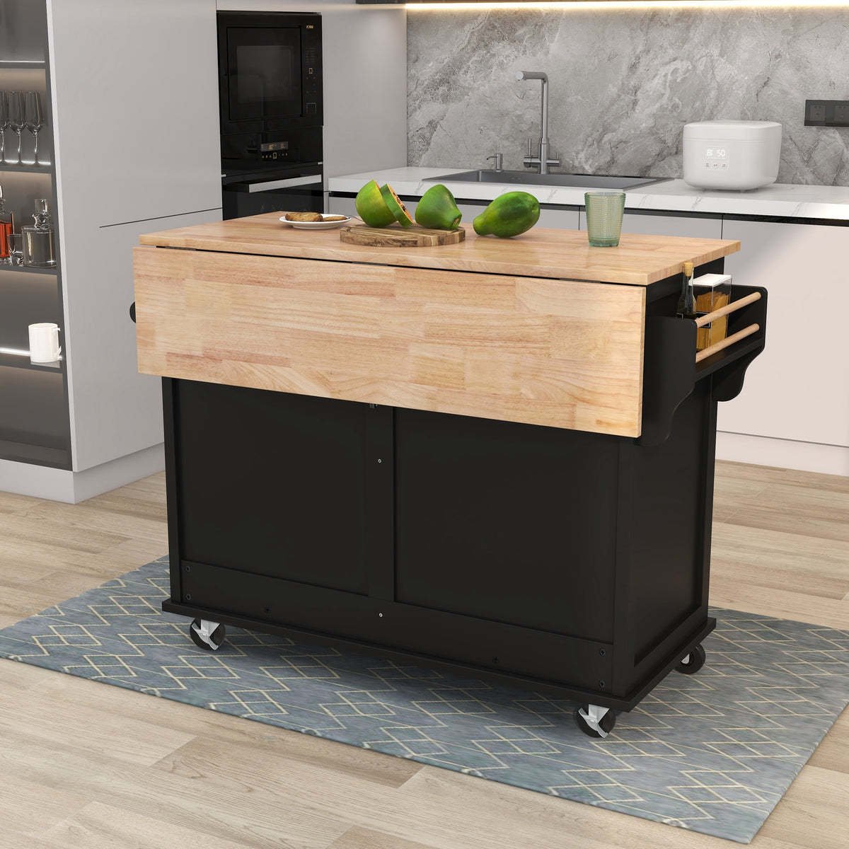 Kitchen Cart with Rubber wood Drop-Leaf Countertop, Concealed sliding barn door adjustable height,Kitchen Island on 4 Wheels with Storage Cabinet and 2 Drawers,L52.2xW30.5xH36.6 inch, Black SK000001AAB-djyc