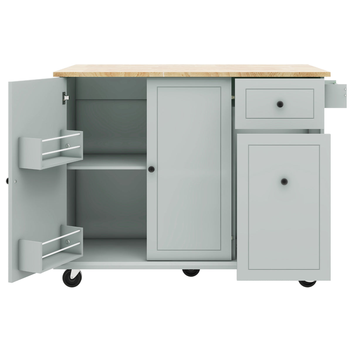 Kitchen Island with Drop Leaf, 53.9" Width Rolling Kitchen Cart on Wheels with Internal Storage Rack and 3 Tier Pull Out Cabinet Organizer, Kitchen Storage Cart with Spice Rack, Towel Rack (Grey Blue) WF312383AAG-djyc