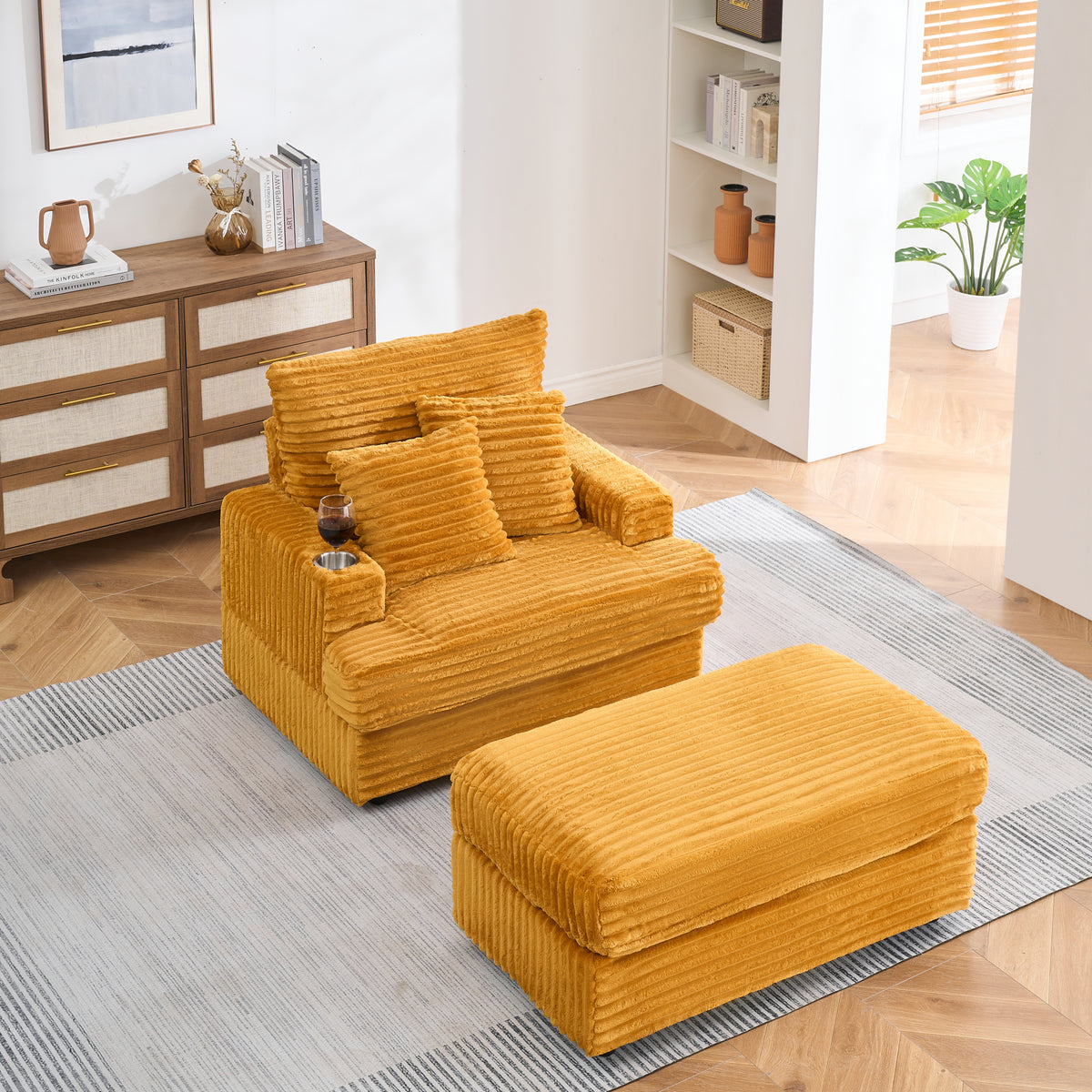 39-inch Spring upholstered armchair and Ottoman set - comfortable single sofa with cup holder and corduroy fabric, perfect for living room or bedroom W1658S00074-djyc