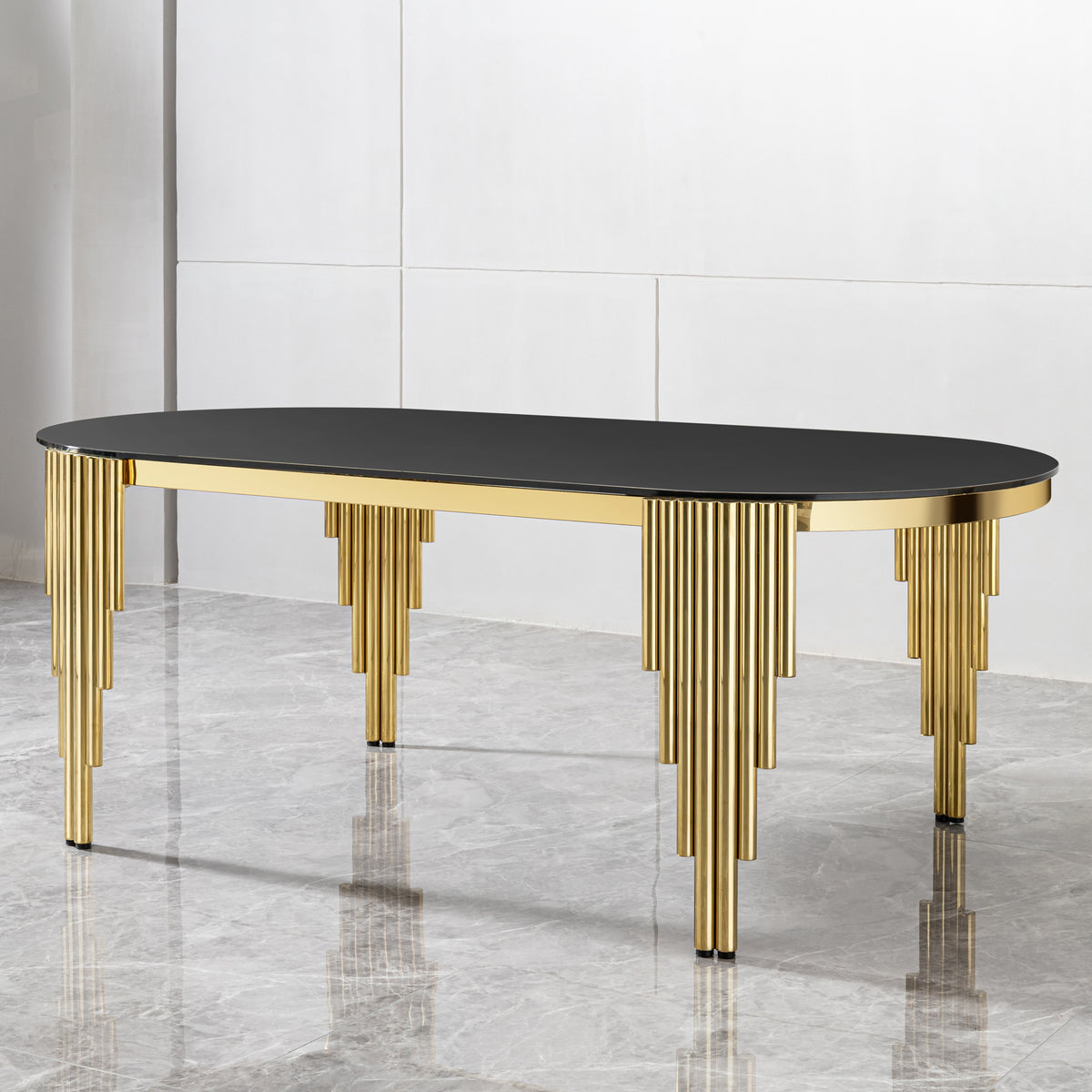 79.53" Black Glass Top oval Dining Table with gold stainless Steel Base for 8 seats W2723S00002-djyc