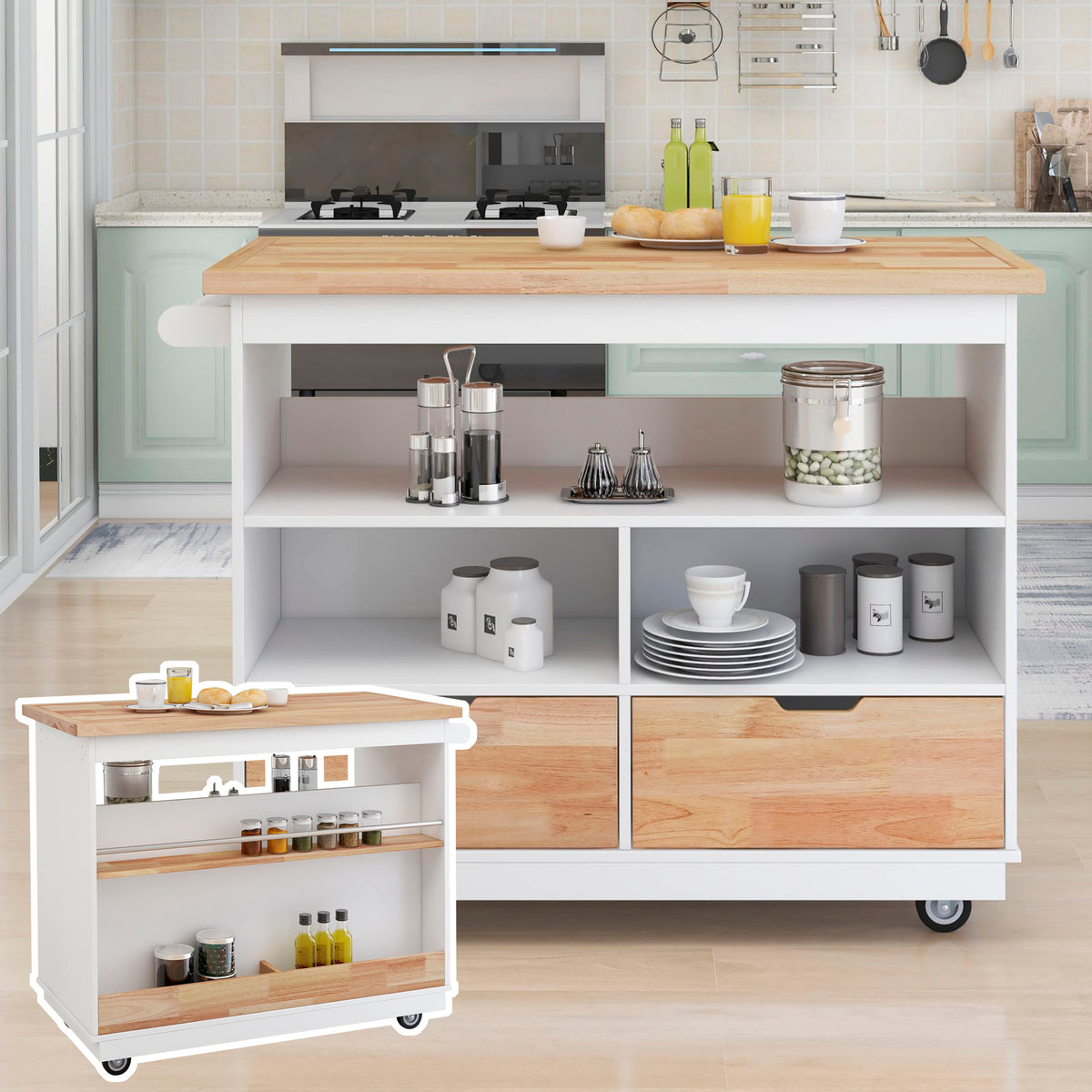 Rolling Kitchen Island with Storage, Two-sided Kitchen island Cart on Wheels with RubberWood Top,Wine and Spice Rack, Large Kitchen Cart with 2 Drawers, 3 Open Compartments, White WF318964AAW-djyc