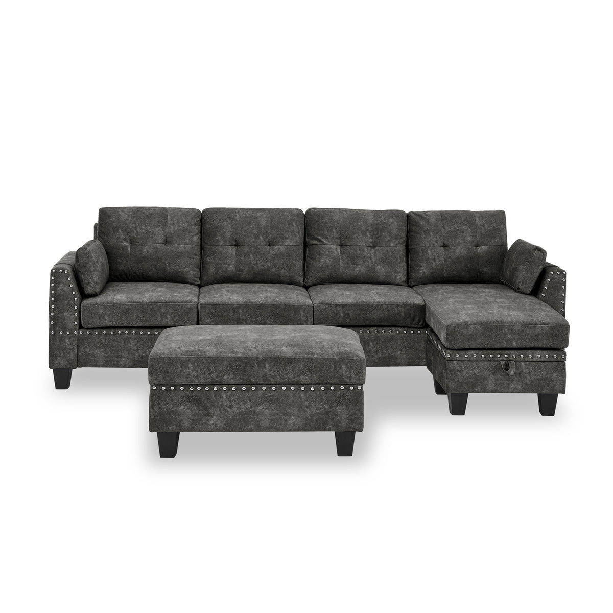 Sectional 3-Seaters Sofa ,Double-sided multi-functional footstool, storage mat , Non-slip leg, two pillows, Velvet, Dark grey W487S00236-djyc