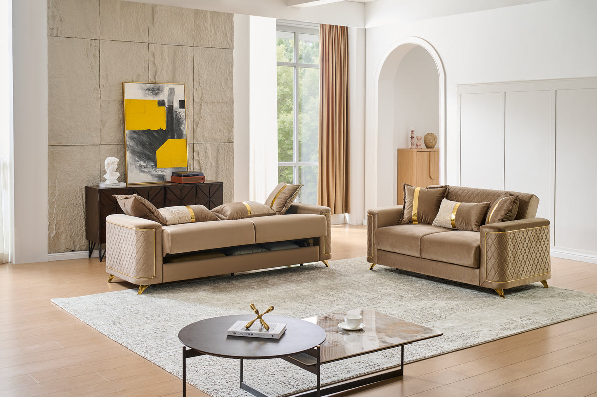 Lisa 2Pc Sofa and Loveseat Set in Copper with Solid Birch Wood Frame, Pocket Coil Cushioning and Stainless Steel Legs-B009S02225