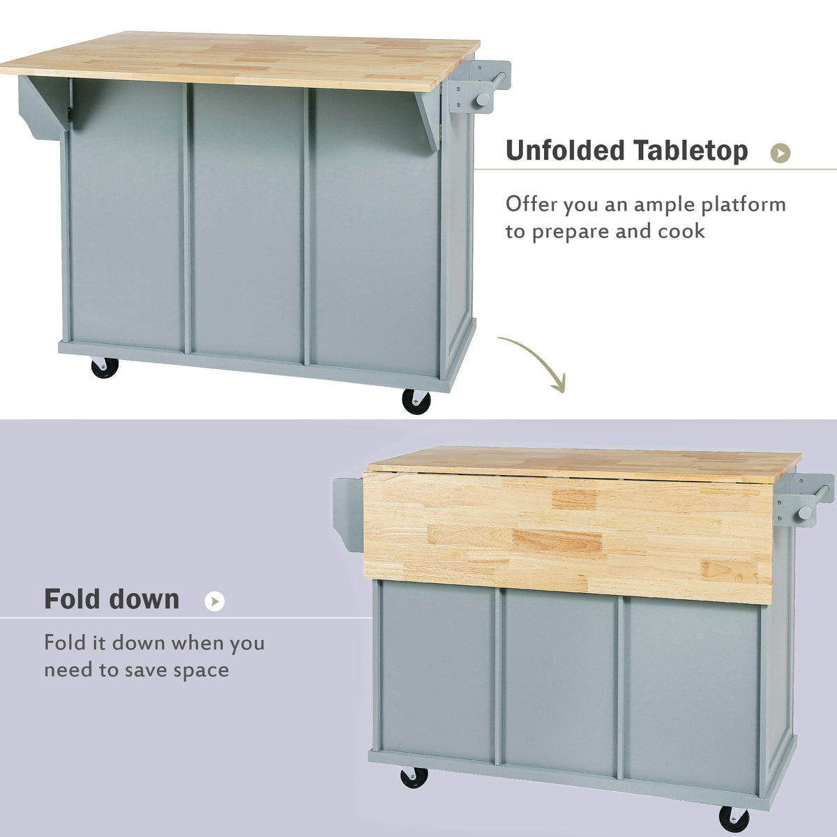 Kitchen Cart with Rubber wood Drop-Leaf Countertop ,Cabinet door internal storage racks,Kitchen Island on 5 Wheels with Storage Cabinet and 3 Drawers for Dinning Room, Grey Blue WF298028AAN-djyc