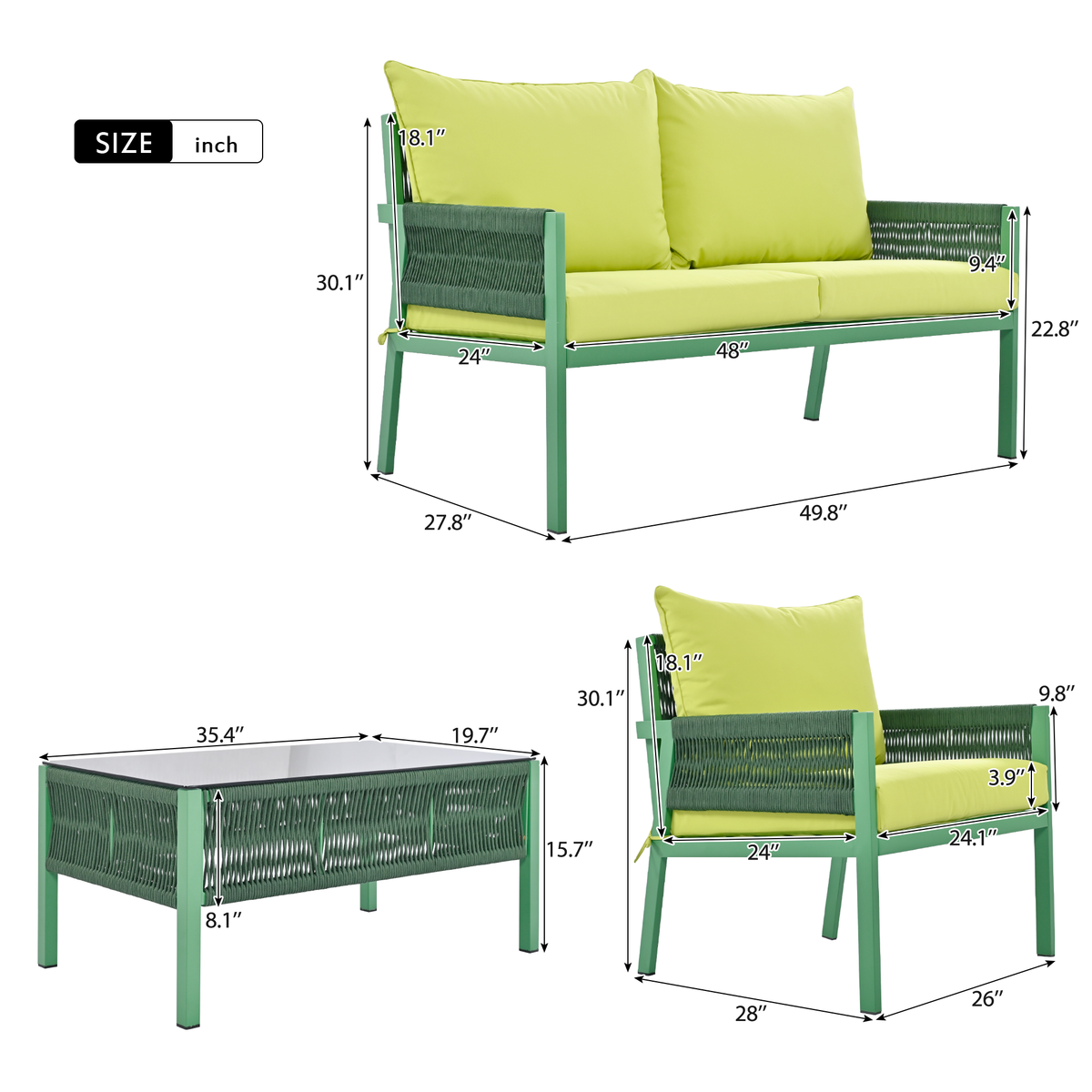 K&K 4-Piece Rope Patio Furniture Set, Outdoor Furniture with Tempered Glass Table, Patio Conversation Set Deep Seating with Thick Cushion for Backyard Porch Balcony (Fluorescent Yellow & Green) SK000003AAE-djyc