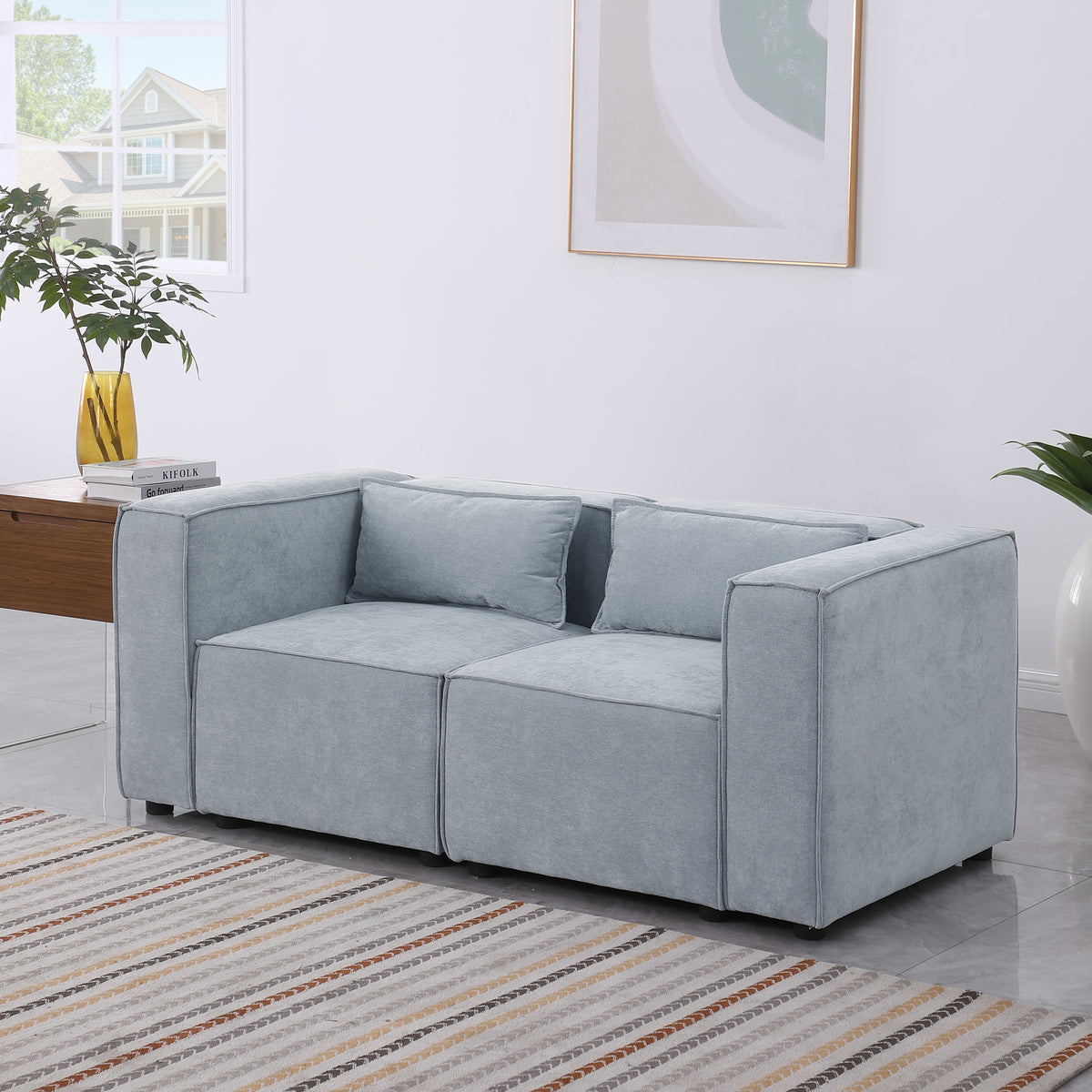 modular sofa Grayish bluechenille fabric,simple and grand, the seat and back is very soft. this is also a KNOCK DOWN sofa W1099S00111-djyc