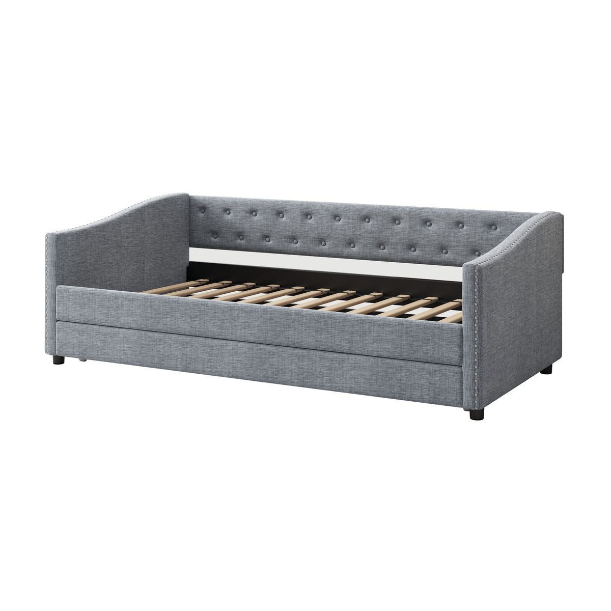 Twin Size Daybed with Twin Size Trundle Upholstered Tufted Sofa Bed, with Button on Back and Copper Nail on Waved Shape Arms-Light Grey W2336S00009-djyc