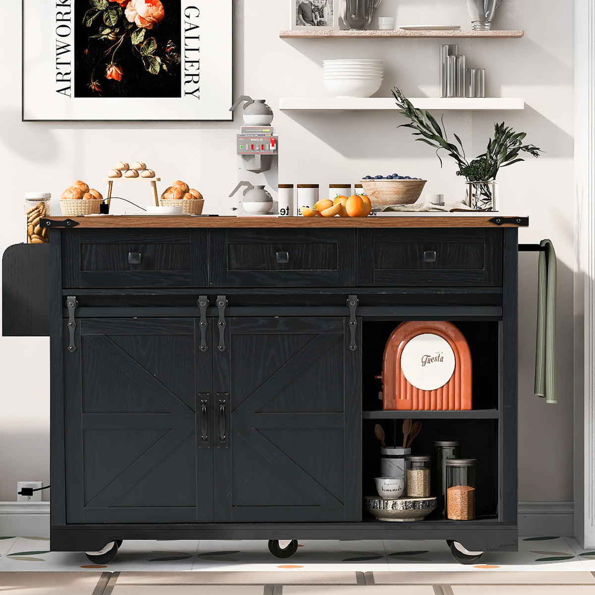 K&K 53.7" Farmhouse Kitchen Island with Power Outlet, 2 Sliding Barn Door Kitchen Storage Island with Drop Leaf, Spice Rack Rolling Kitchen Cart on Wheels, for Home, Kitchen and Dining Room, Black N707P170347B-djyc