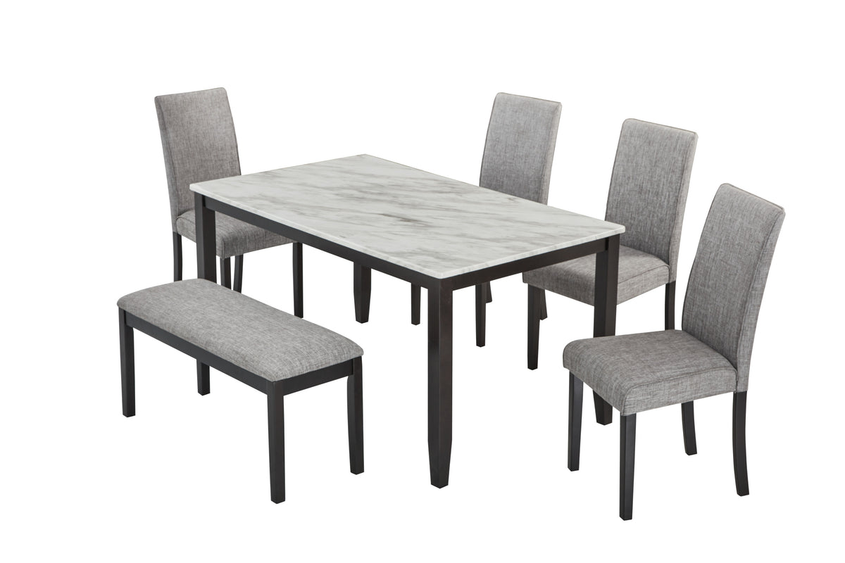 6-Piece Dining Set with Faux Marble Tabletop, Faux Marble dining table set for 6, Modern Wooden Dining Table Set with Bench and 4 Chairs for Kitchen and Dining Room, White +Dark Espresso W1998S00057-djyc