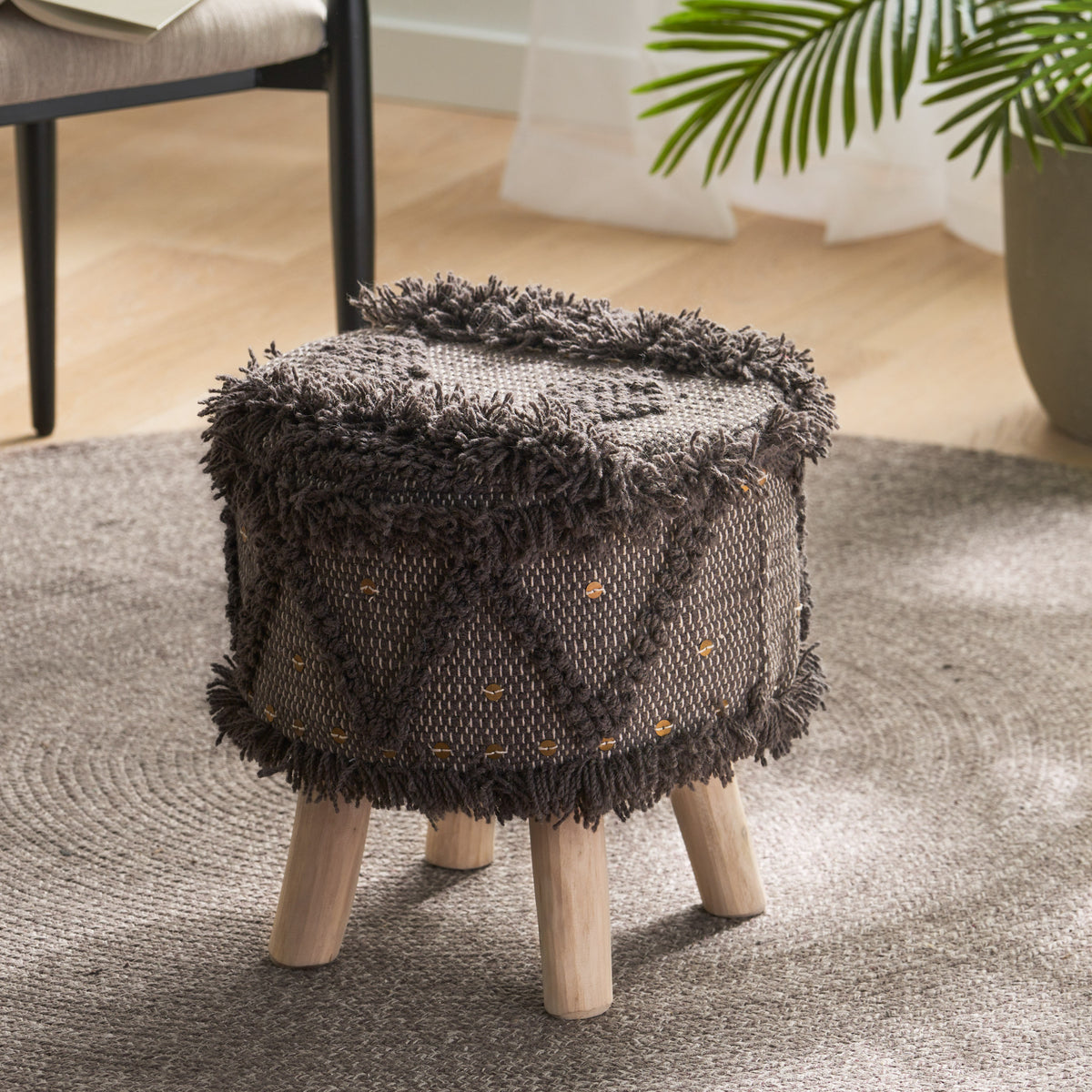 ROJA Handcrafted Wool & Cotton Stool – 16 x 16 Inches 63546.00DBRN-djyc