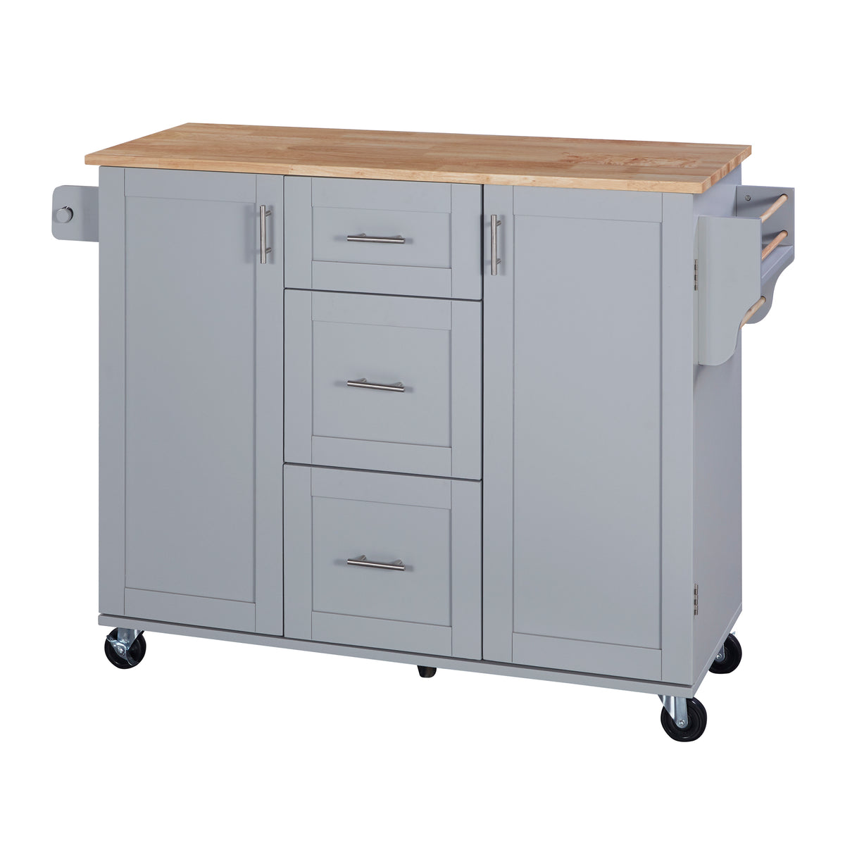 K&K Rolling Kitchen Island with Storage, Kitchen Cart with Rubber Wood Top, 3 Drawer, 2 Slide-Out Shelf and Internal Storage Rack, Kitchen Island on Wheels with Spice Rack & Tower Rack, Grey Blue WF316599AAG-djyc