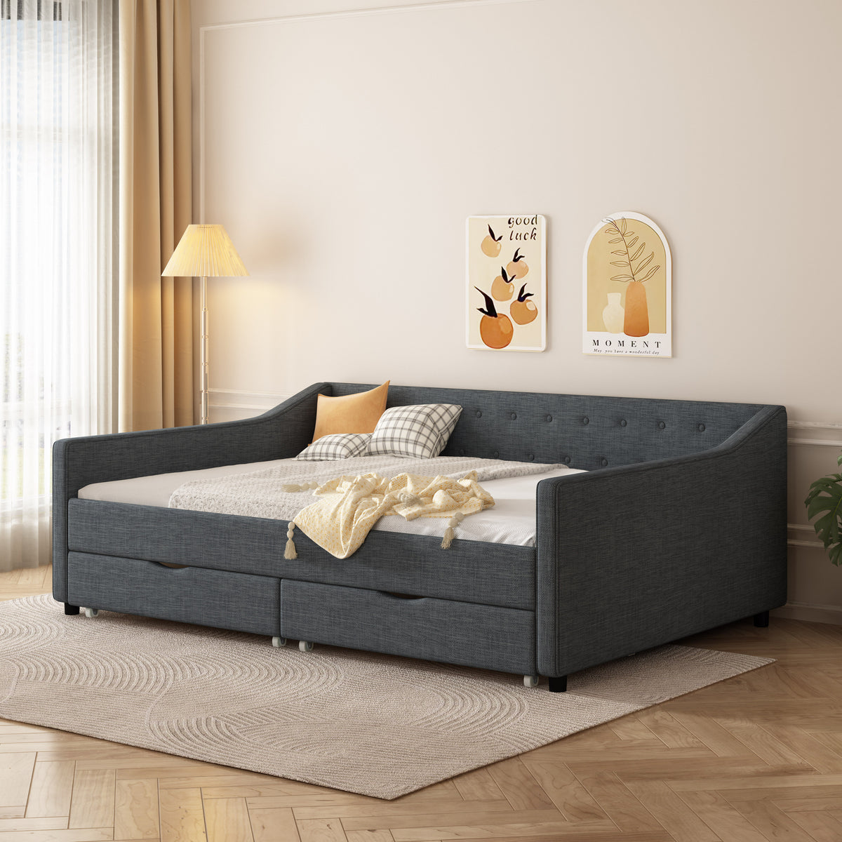 Full Size Daybed with Drawers Upholstered Tufted Sofa Bed, with Button on Back and Piping on Waved Shape Arms-Dark Grey W2336S00006-djyc