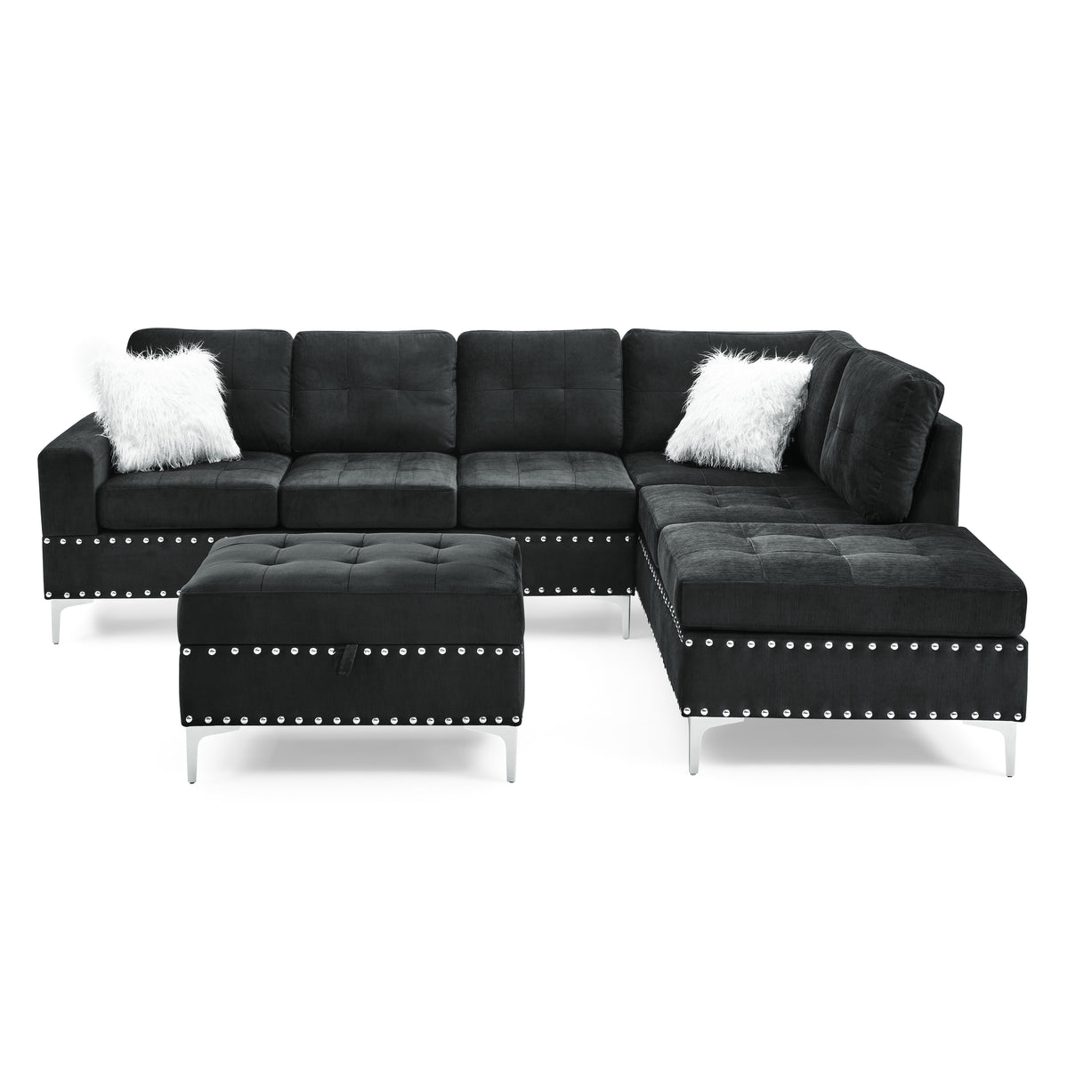 Sectional 3-Seaters Sofa with Reversible Chaise, Storage Ottoman and Cup Holders, Metal Legs and Copper Nails,Two White Villose Pillows ,Black(107.5" x 80.5" x36") W487S00061-djyc