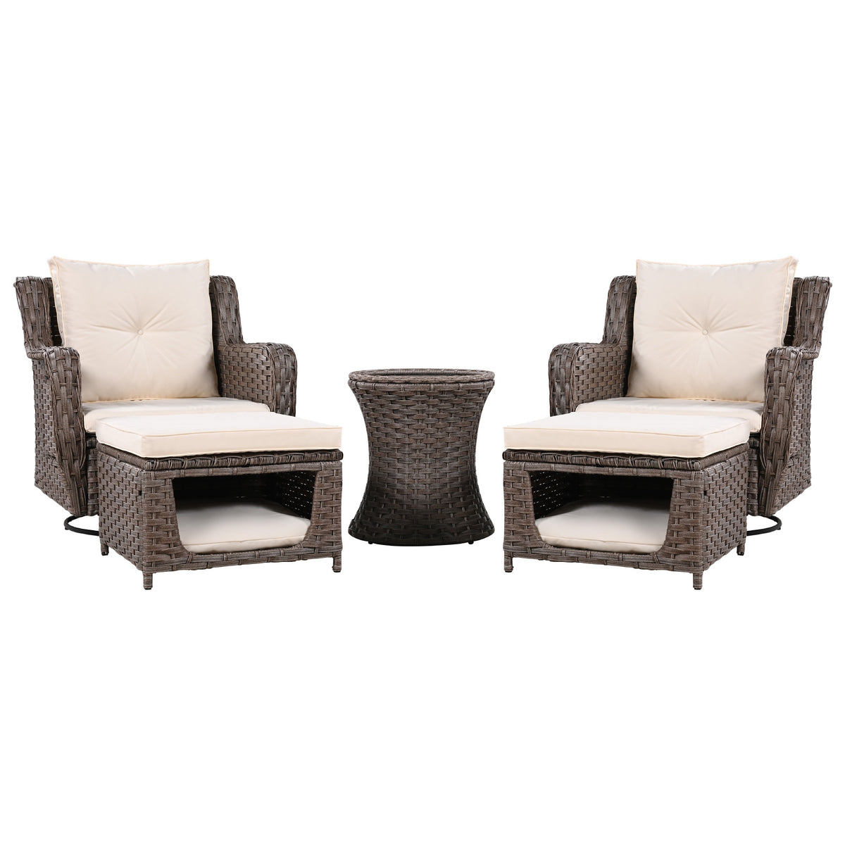 K&K 5 Pieces Outdoor Patio Furniture Set with Pet House Cool Bar and Retractable Side Tray, Rattan Wicker Patio Swivel Rocking Chairs Set of 2 with Ottomans for Backyard, Porch, Balcony, Beige SK000006AAA-djyc