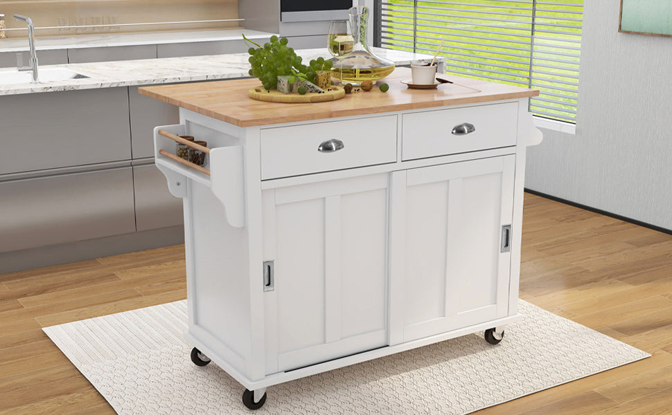 Kitchen Cart with Rubber wood Drop-Leaf Countertop, Concealed sliding barn door adjustable height,Kitchen Island on 4 Wheels with Storage Cabinet and 2 Drawers,L52.2xW30.5xH36.6 inch, White SK000001AAW-djyc