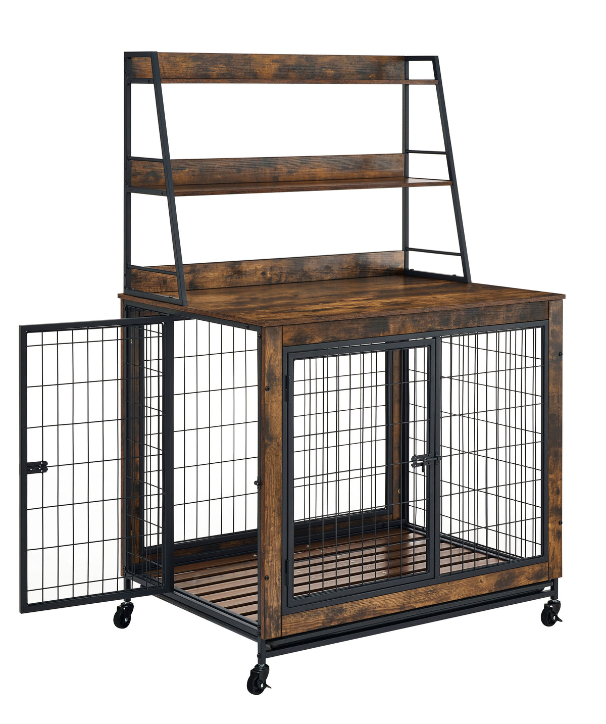 Furniture type dog cage iron frame door with cabinet, two door design, Rustic Brown,37.99"WX27.36"DX59.92"H W1903P151284-djyc