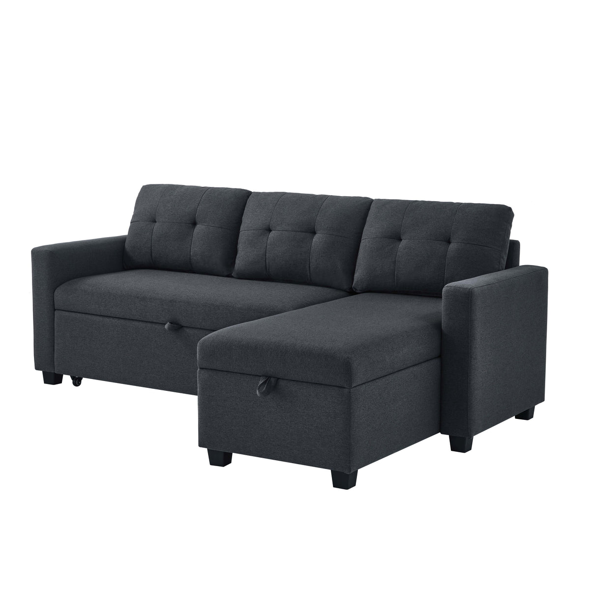 Upholstered Pull Out Sectional Sofa with Storage Chaise, Convertible Corner Couch, Dark Grey W2336S00012-djyc