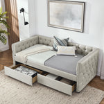 Upholstered Twin Size Daybed with Two Drawers, with Button and Copper Nail on Square Arms, Beige (82.75''x43''x30.75'') W487S00217-djyc