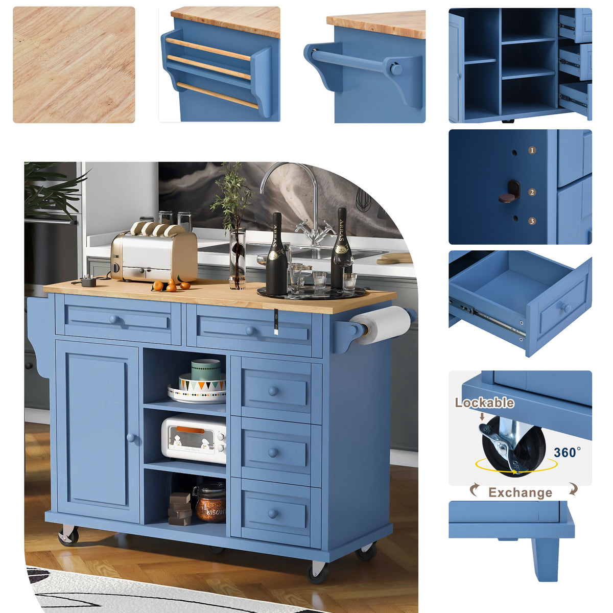 Kitchen cart with Rubber wood desktop rolling mobile kitchen island with storage and 5 draws 53 Inch length (Blue) WF297003AAG-djyc