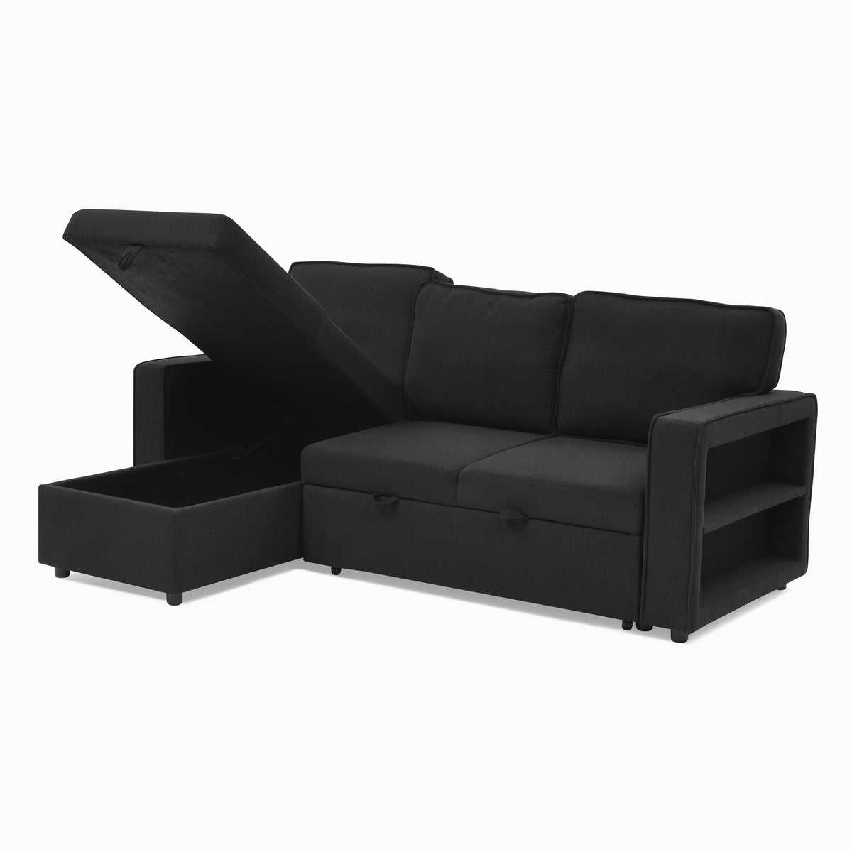 Linen Upholstered Sleeper Sectional Sofa, Shaped Modular Convertible Sofa with Storage Chaise,There are two cup holders in the middle and USB multi-interface function,Pull Out Sleep Couch Bed ,Black W487S00246-djyc