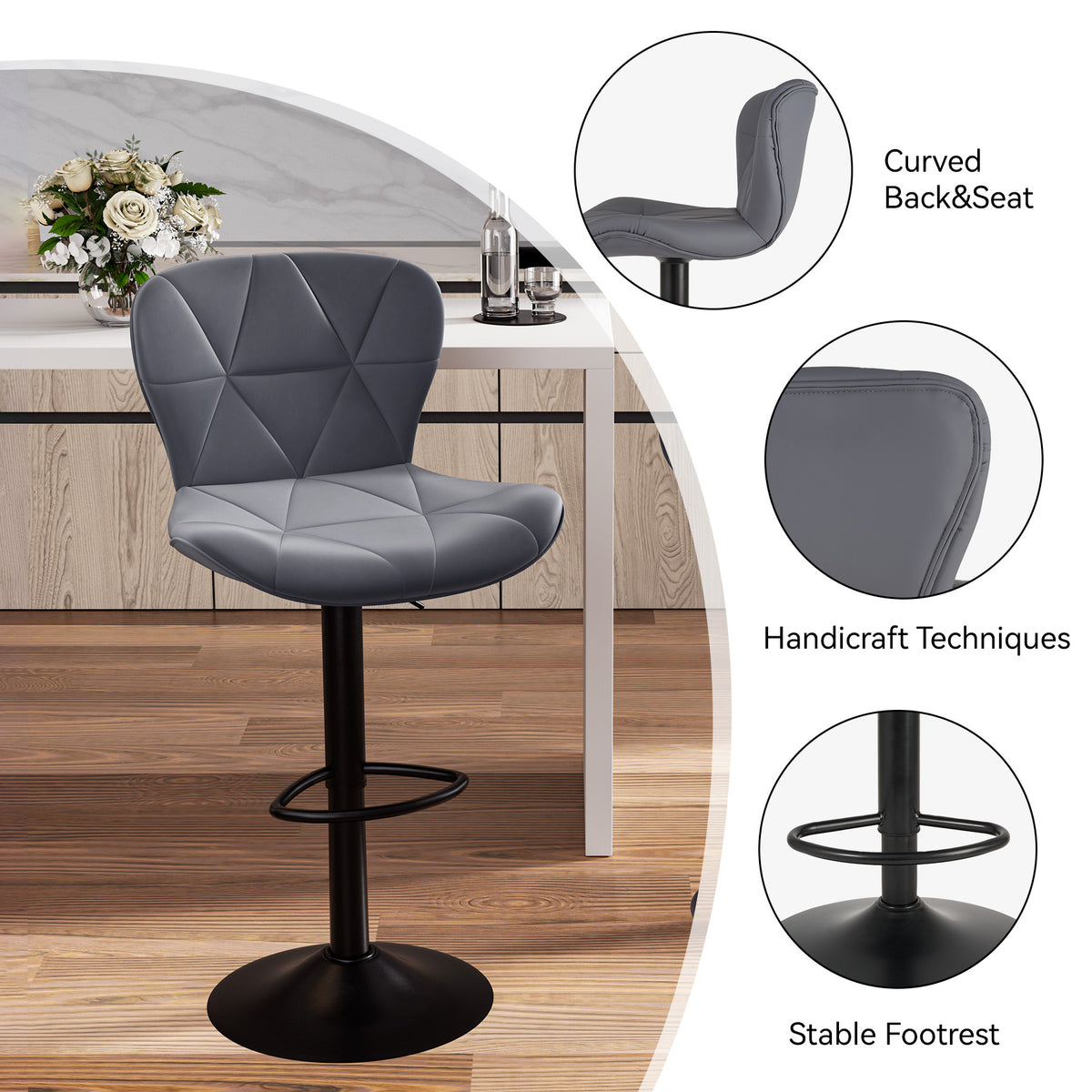 Modern Waterproof and Scratch-Resistant Bar Stool: Diamond-Shaped Leather Backrest & Exquisite Hand-Stitching FU01034-wz