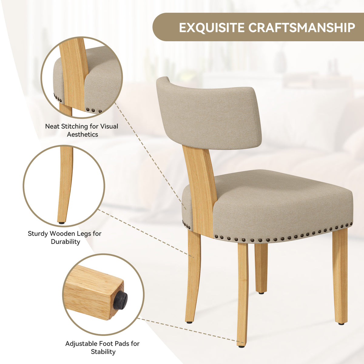 Vintage Linen Fabric Dining Chair: High-Density Foam Cushion & Eco-Friendly Wood FU01056-wz