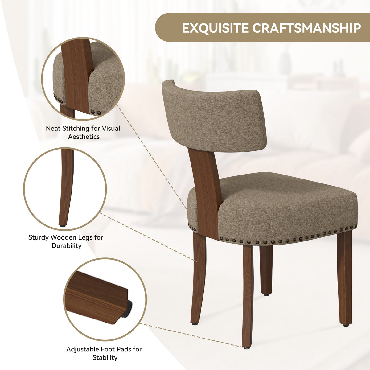 Vintage Linen Fabric Dining Chair: High-Density Foam Cushion & Eco-Friendly Wood FU01056-wz